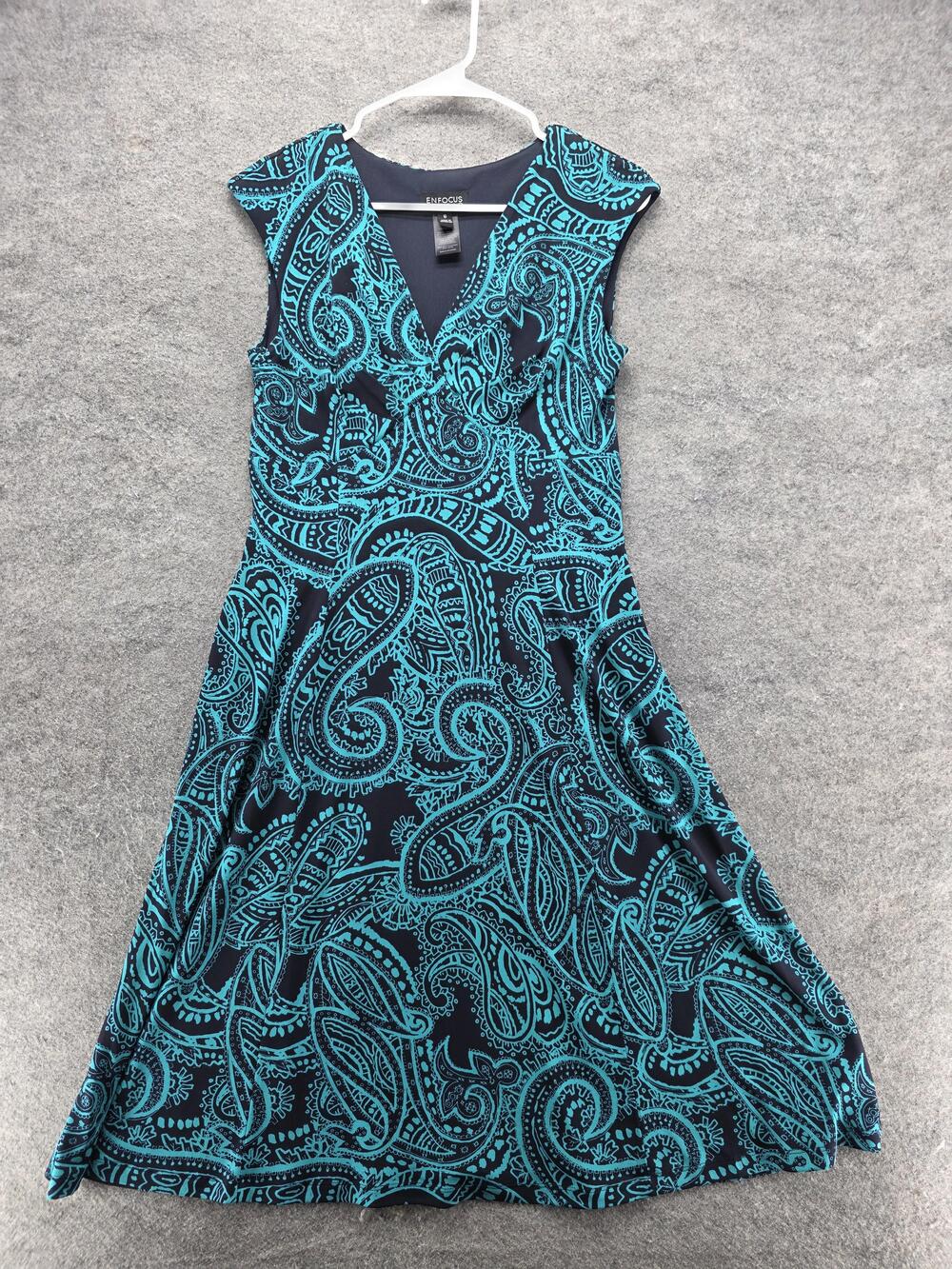 En Focus Studio Dress Womens 8 Navy Teal Paisley V Neck A-Line Lined Stretch